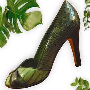 Theory Green Leather Croc Print Heels Sz 39.5 US 8